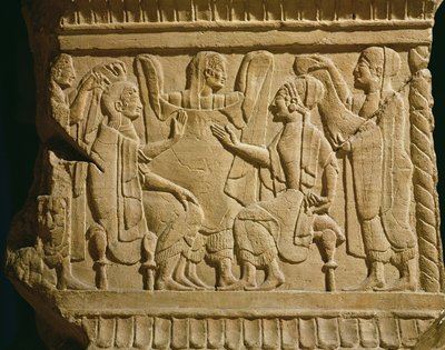 Relief, das eine Gynäkeum-Szene darstellt von Etruscan